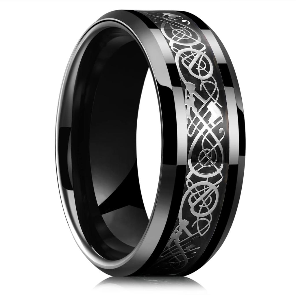 Fashion 8mm Men Stainless Steel Celtic Dragon Rings Inlay Orange Carbon Fiber Rings For Men Women Wedding Band Jewelry