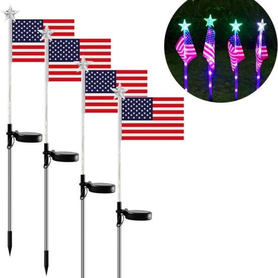 Patriotic Flag LED Pathway Stake Lights Independence Day Solar Light Waterproof Easy Installation Garden Stake for 4th of July & Memorial