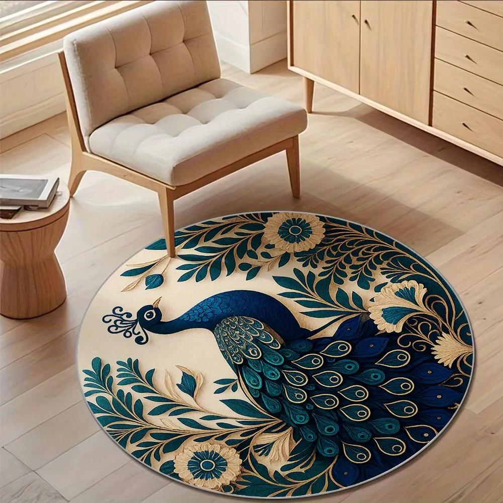 ~O~Luxury Turquoise & Gold Peacock Round Rug – Non-Slip Floor Mat for Living Room, Bedroom & Home Decor