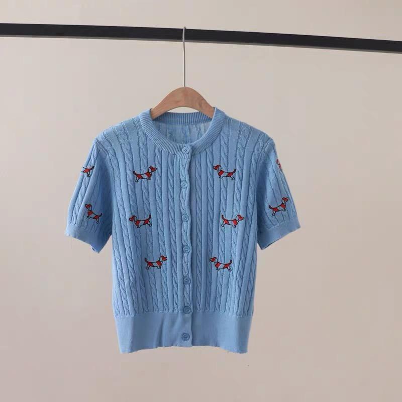 Летний женский дизайнерский свитер с круглым вырезом и коротким рукавом с вышивкой и рисунком, вязаный свитер с переплетением, кардиганы, топы для студенток колледжа