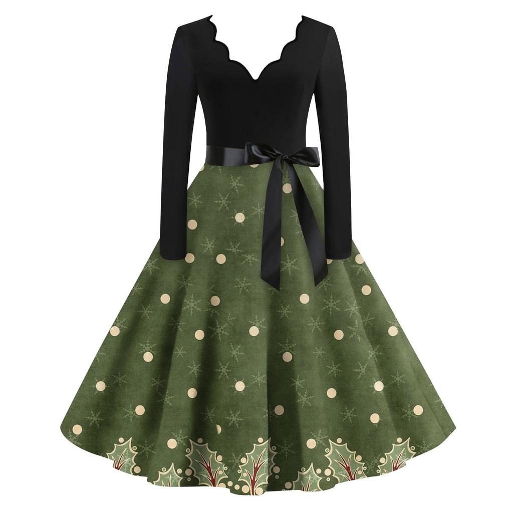Женское повседневное модное платье с V-образным вырезом и длинными рукавами в стиле ретро с рождественским принтом в стиле ретро, осень