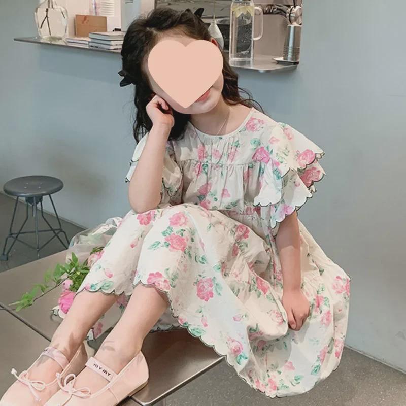 Корейское милое платье принцессы с цветочным принтом для девочек - летний стиль 2024 года