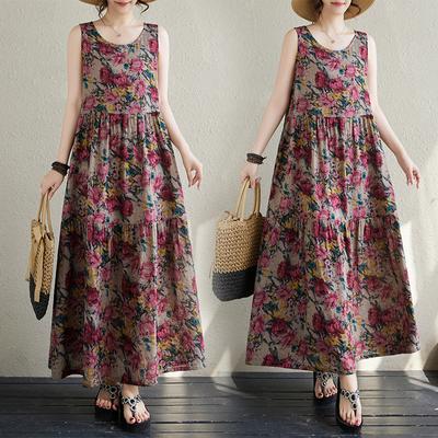 Летнее художественное ретро свободное платье без рукавов без рукавов А-силуэта для женщин повседневные платья