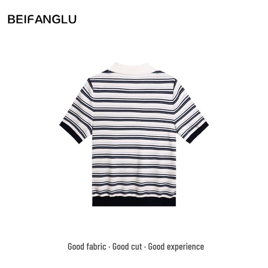 Northern Deer Women's Summer Polo Neck Striped Knit T-Shirt - 68.6% Lyocell, 25.4% Cotton, 6% Silk