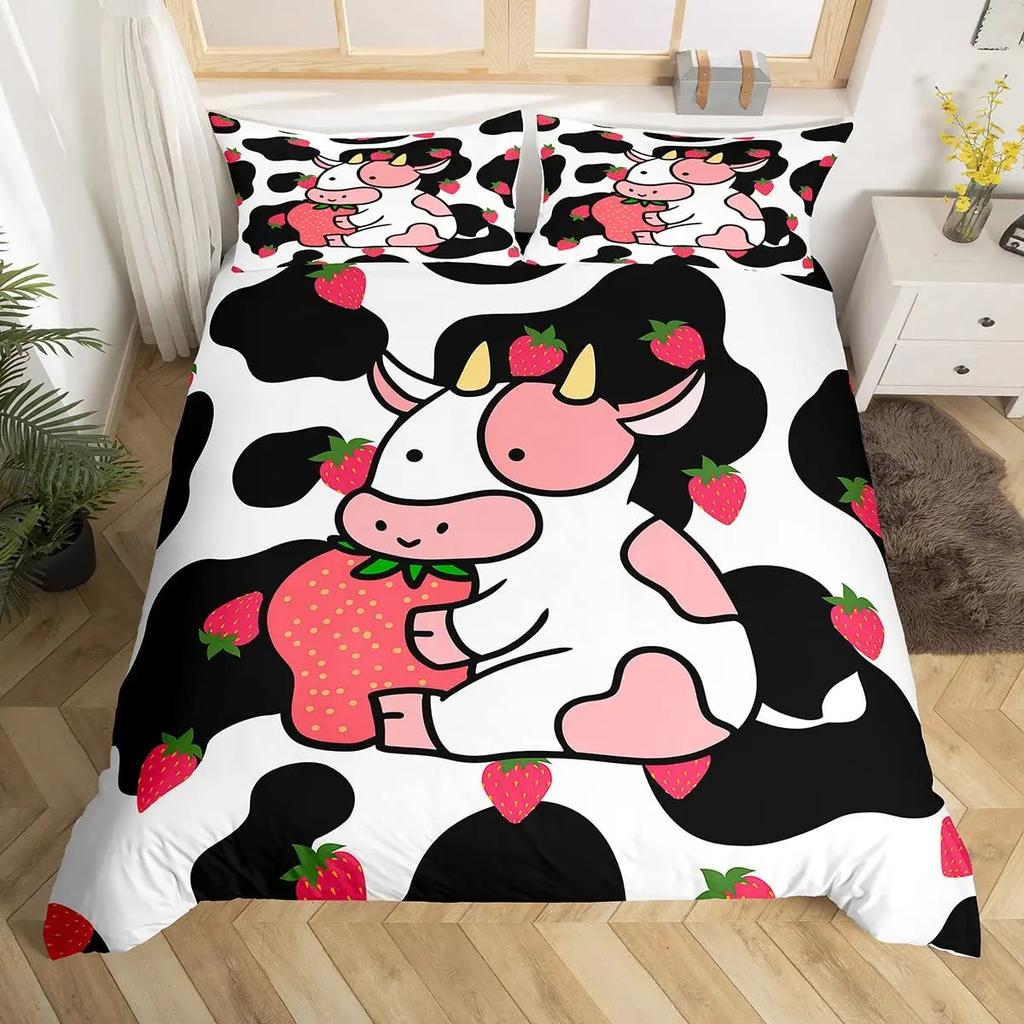 Strawberry Duvet Cover SetRed Strawberry Bedding Set For Girls Cute Black White Geometric Plaid Grid Comforter Cover Full Size