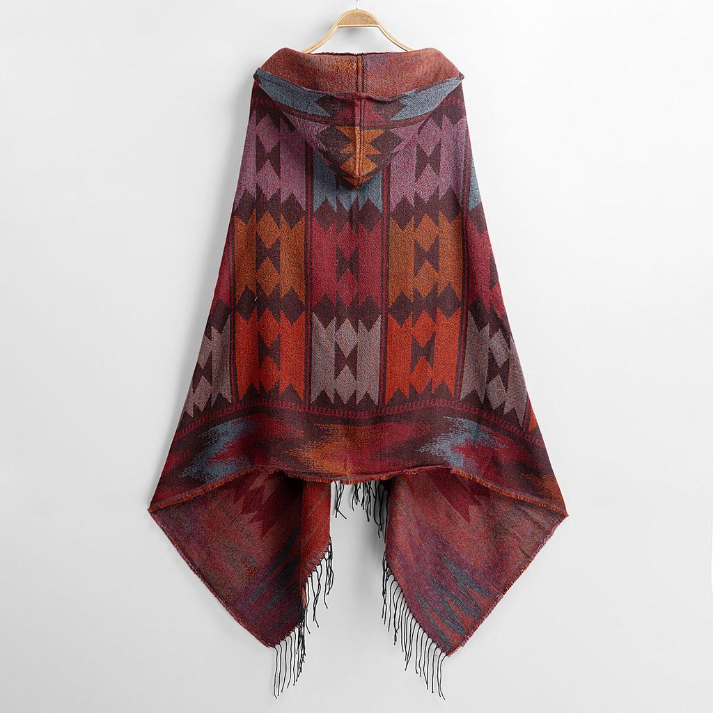 Vintage Women Autumn Hooded Cloak Geometric Buckle Tassel Warm Bohemian Casual Poncho
