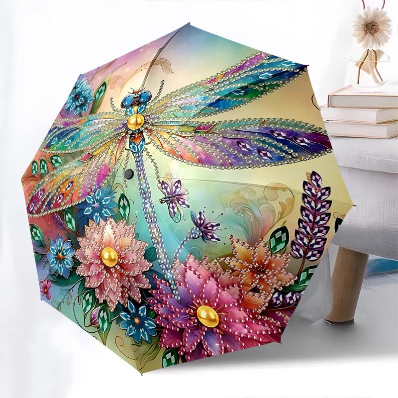 1pc Dragonfly Flowers umbrella with 8 iron ribs and a plastic handle, automatic opening and closing, portable and foldable1041