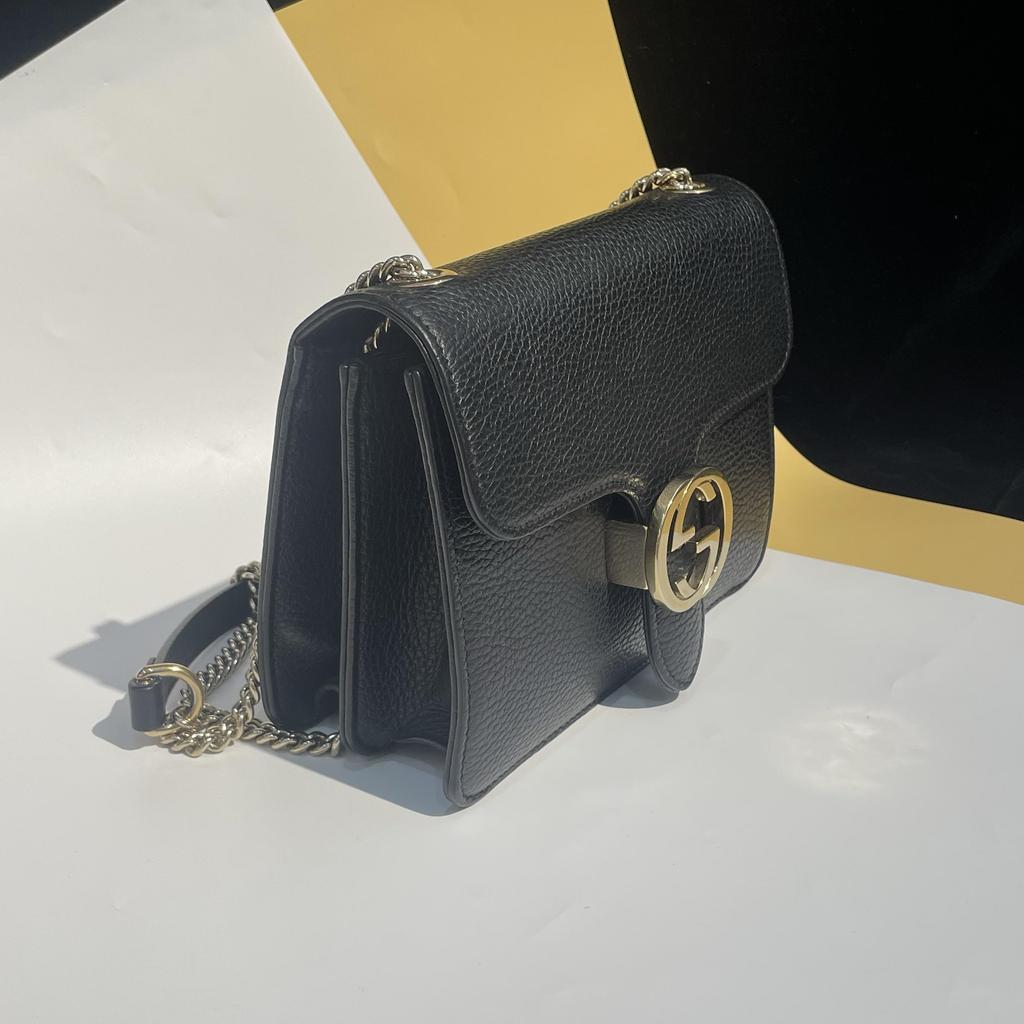 [Pre-Owned] Double G Chain Shoulder Strap Pebbled Leather Messenger Bag Accordion Crossbody Bag - Very Good #197NET1