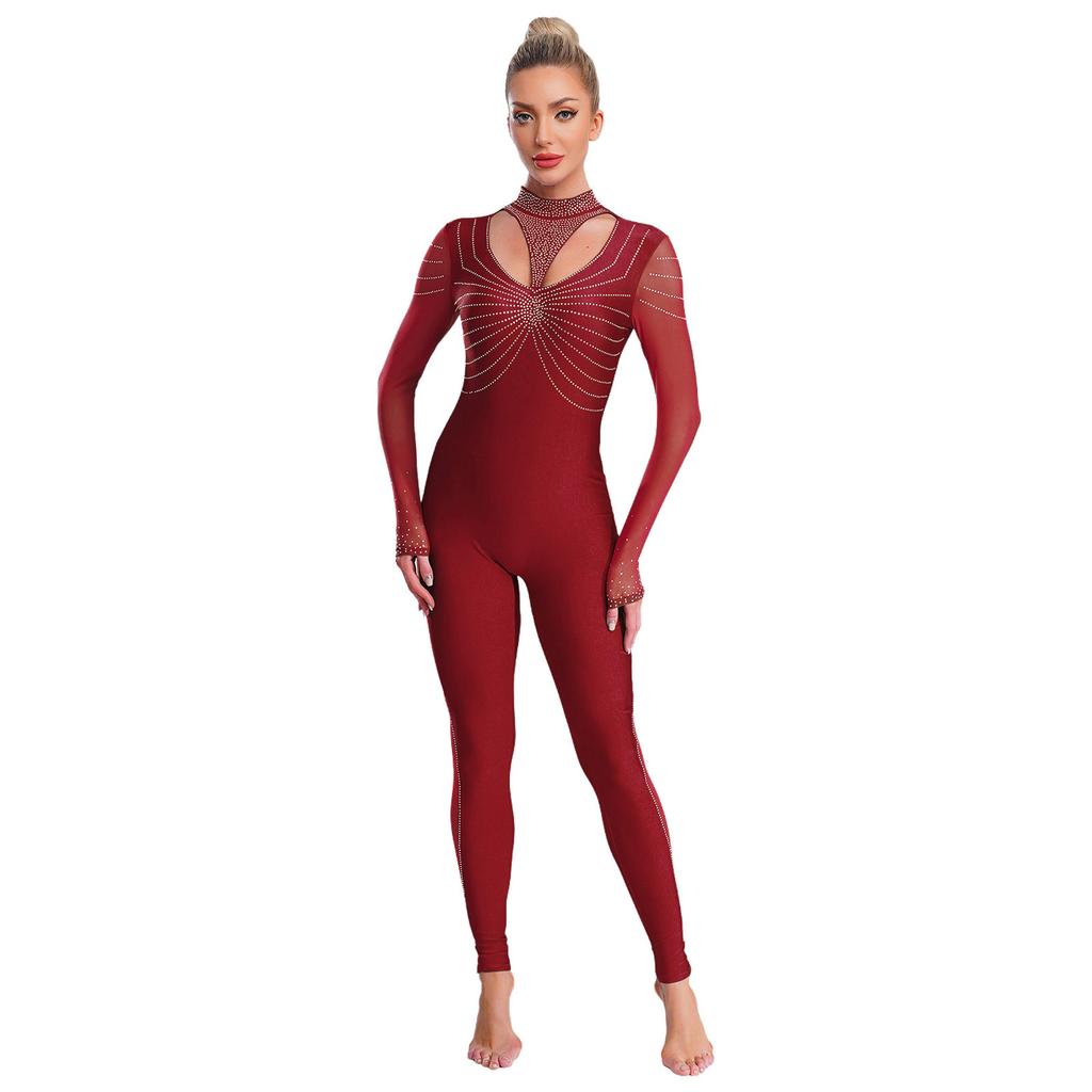 Женский гимнастический комбинезон с блестящими стразами, пэчворк, с воротником-стойкой, длинными рукавами, застежкой-молнией на спине.