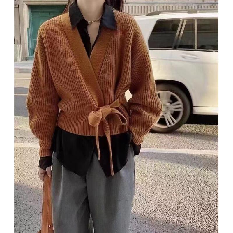 Усовершенствованный свитер, трикотаж, женский вязаный кардиган, осень-зима, галстук с v-образным вырезом, милые короткие вязаные топы с длинными рукавами