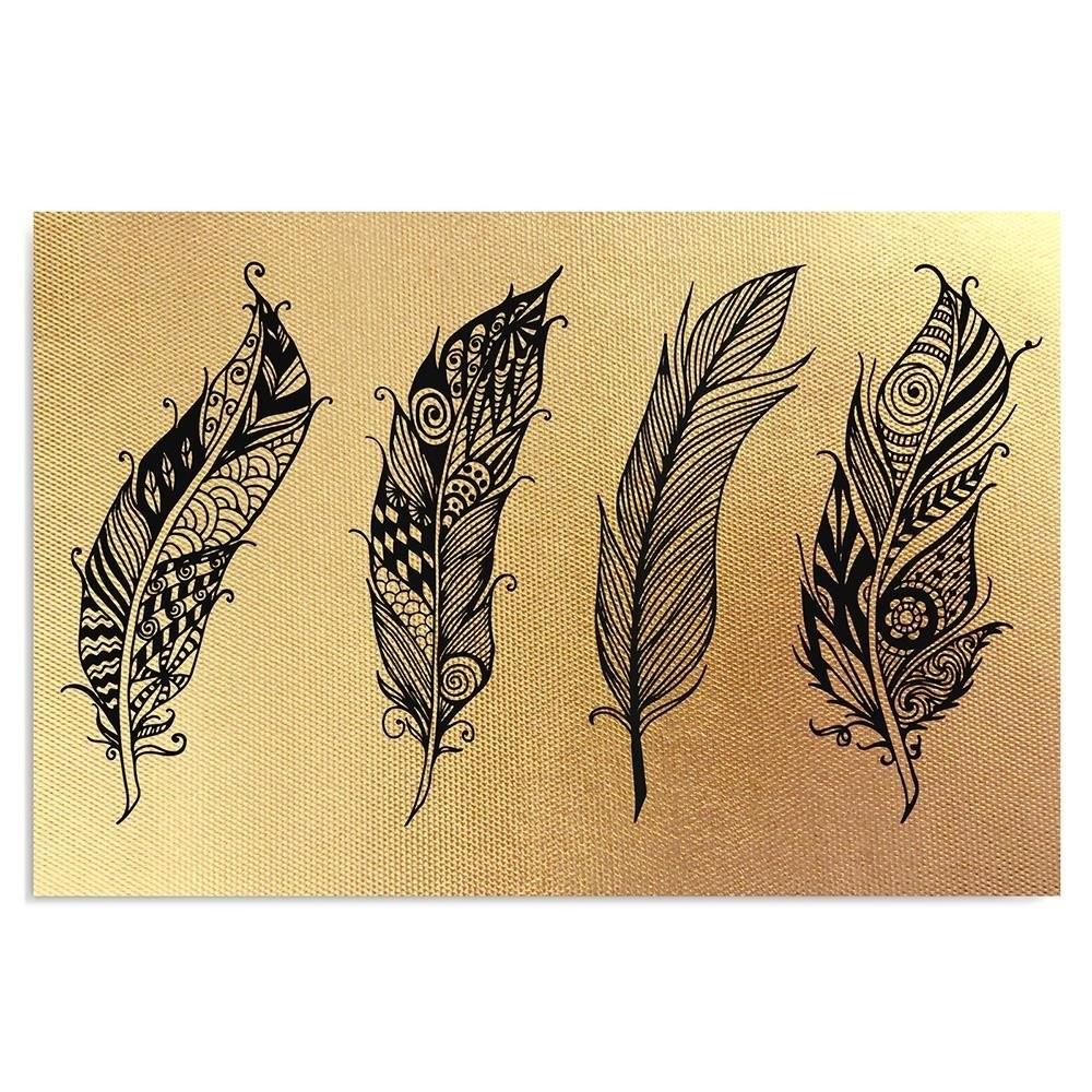 Feeby Canvas print, Gold four drawn feathers