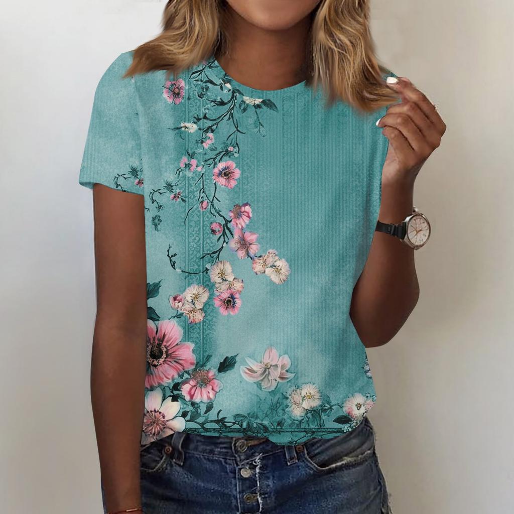 Women's Fashion Casual Printed Round Neck Short Sleeved T-Shirt Top T-Shirt Top Top