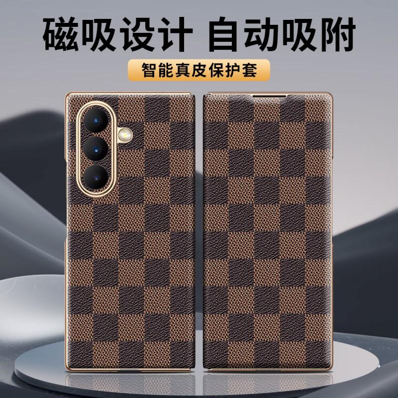 Magnetic Flip Leather Case Galaxy Z Fold7 W26 W25 Gold-Plated Edge Genuine With Grid Shockproof Heat