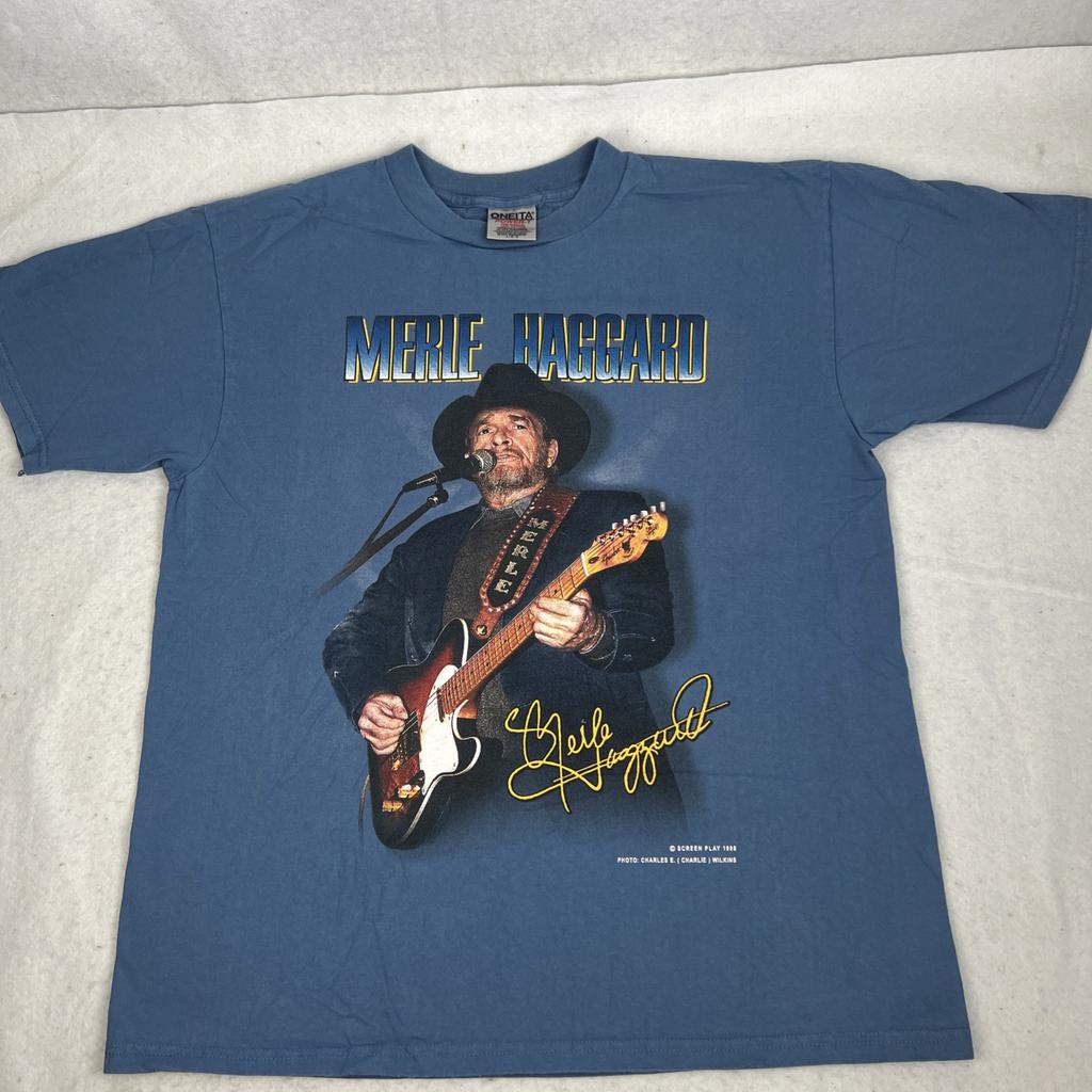 Vintage 1998 Merle Haggard Country Music Legend Blue T-Shirt Size L 90s Unisex T-Shirt