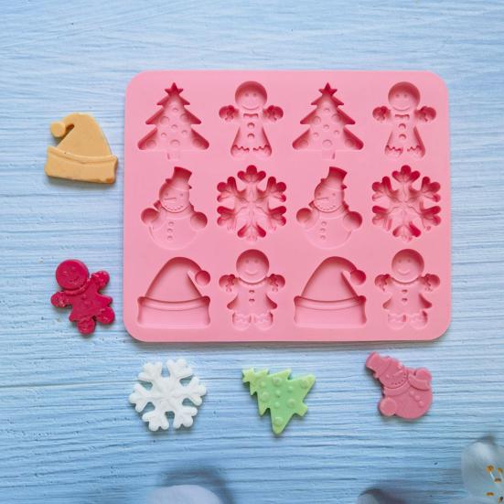 Christmas Silicone Mold 12 Cavities Snowman Tree Hat Cookie Man Non-stick Food Grade Easy Release DIY Fondant Chocolate Candy Biscuit Jelly
