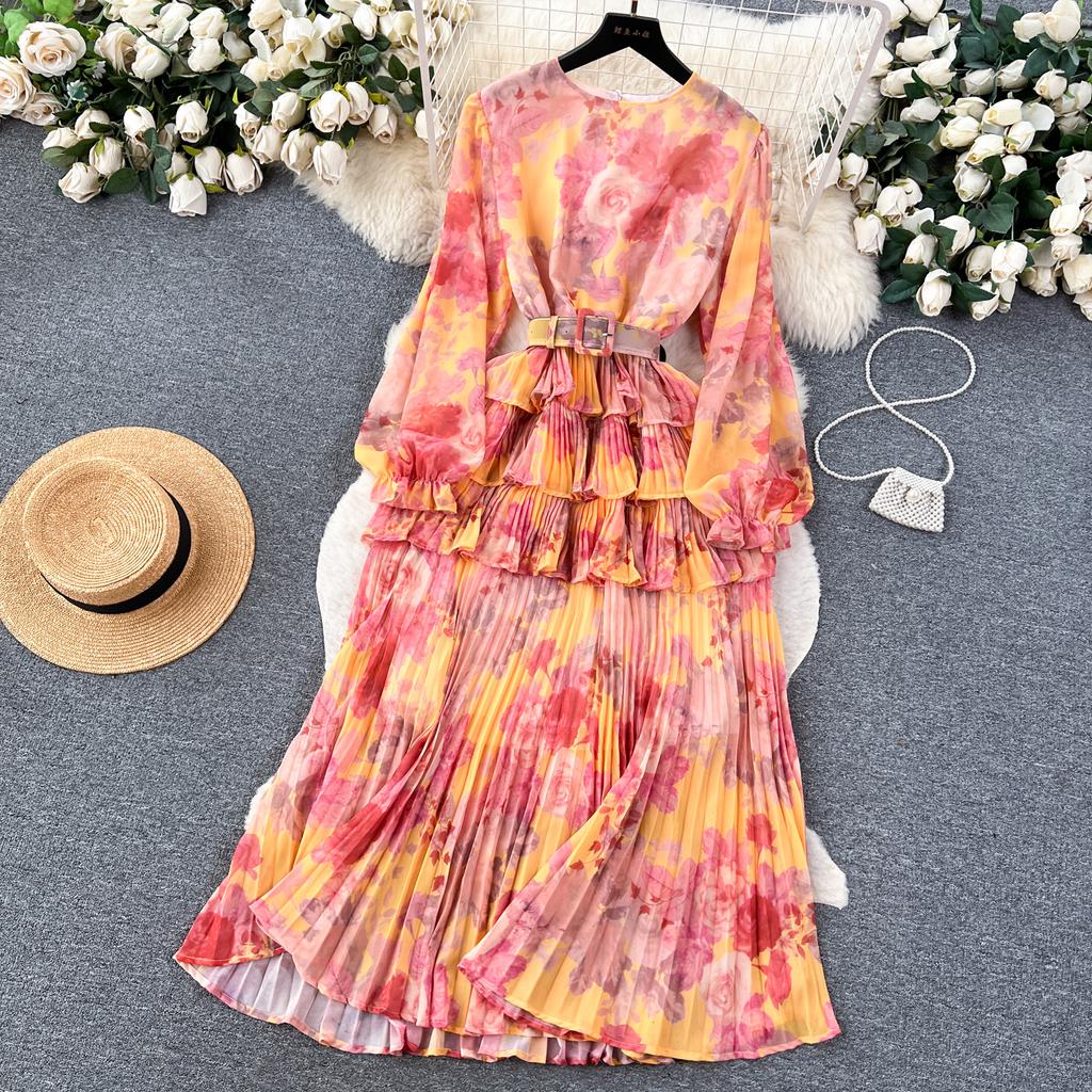 Новое осеннее элегантное женское платье с круглым вырезом и принтом в стиле пэчворк, складками и оборками, с длинными рукавами и высокой талией