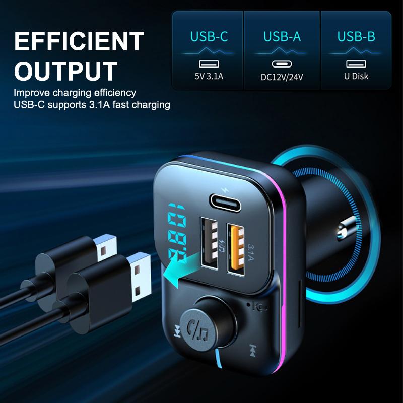 Bluetooth 5.3 Автомобильный FM-передатчик USB-флешка Type-C Быстрая зарядка Автомобильное зарядное устройство MP3-плеер Адаптер Aux Беспроводной автомобильный комплект Handsfree