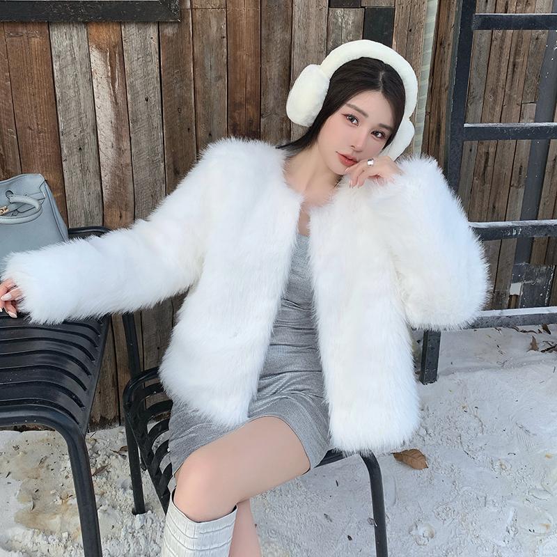 Осенне-зимние теплые пальто из лисьего меха с длинным рукавом, женские винтажные элегантные свободные куртки с круглым вырезом, женские однотонные повседневные женские куртки верхней одежды 25519