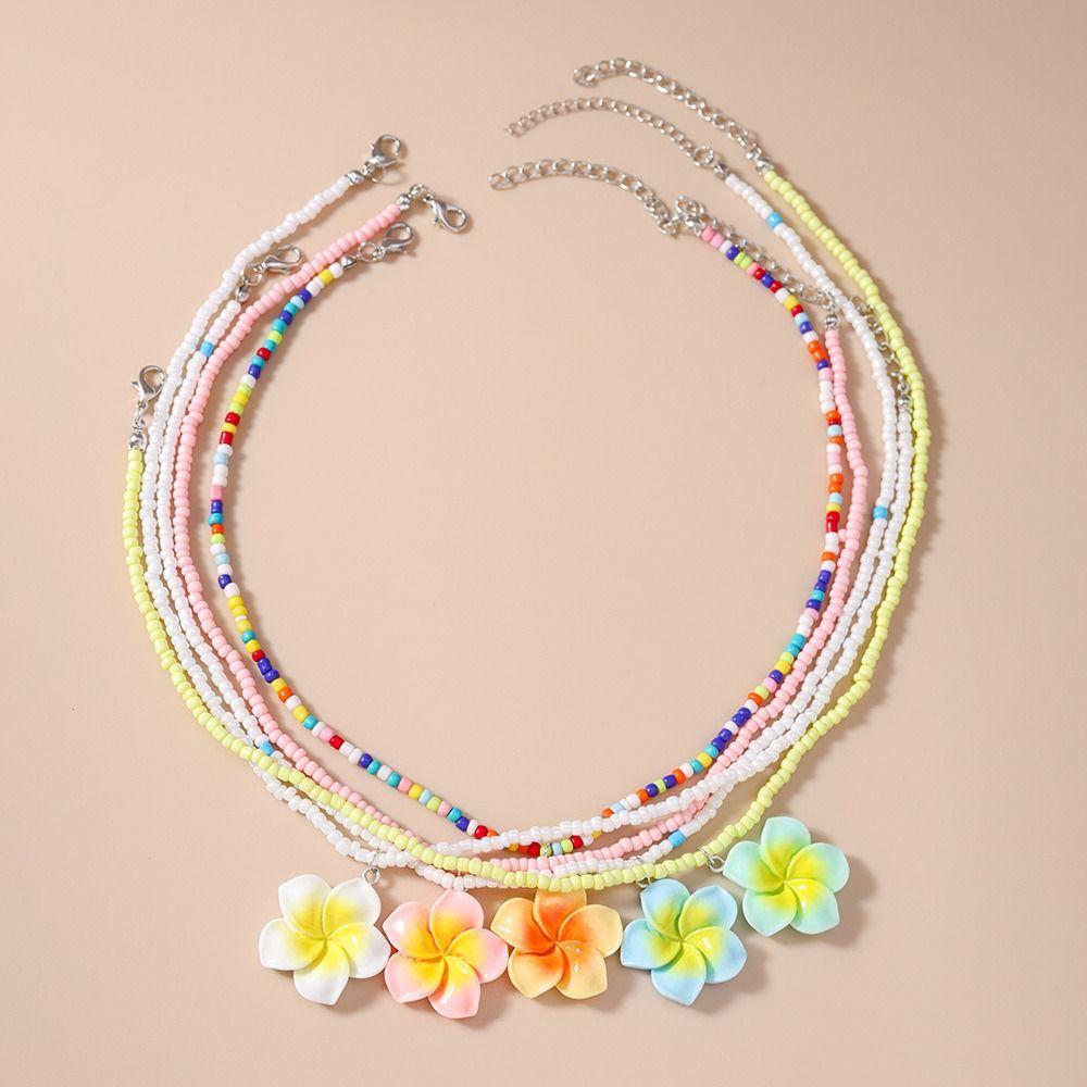 5Pcs Bohemia Flower Beaded Necklace Colorful Plumeria Necklace Fashion Bead Choker Daily Wear
