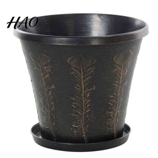 Breathable Planter for Houseplants 8" Retro Flower Pot with Saucer, Thickened Plastic Drainage Hole, Indoor Plant Anti-Aging, Peacock Feather Embossed