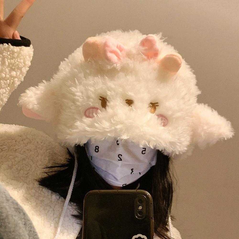 Fluff Sheep Ear Bucket Hat Soft Dome Hat Y2K Plush Pullover Hat Outdoor