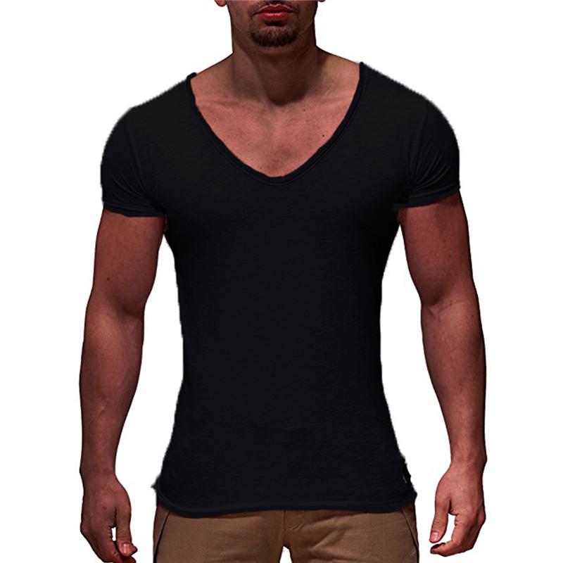 V-Neck Short Sleeve T-shirt Top Slim Muscle Casual T-shirt Men