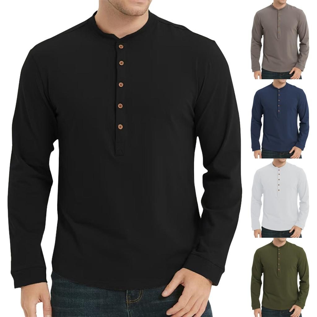 Мужские весенние однотонные ретро-топы с длинным рукавом на пуговицах, мужские повседневные модные топы