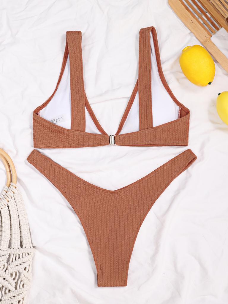 Женский коричневый бикини с глубоким V-образным вырезом, сексуальный купальник из двух частей