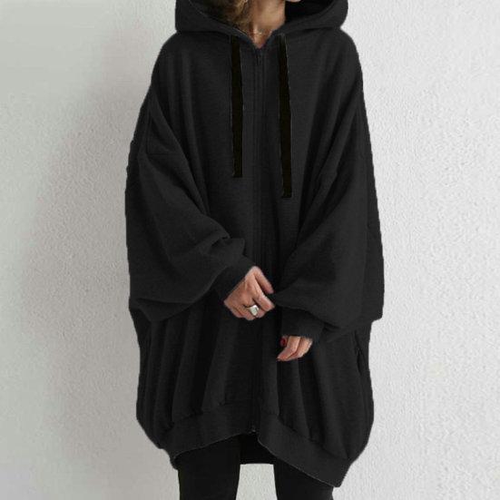 Women Autumn Hooded Drawstring Sweatshirt Coat Long Sleeve Pockets Zipper Placket Mid Length Solid Color Hoodie Outwear