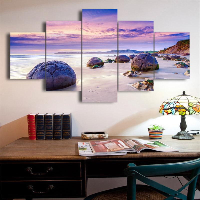 5 панелей Морской пейзаж Морской большой круглый камень Красочное небо Холст Картина Плакаты и принты Настенная картина Домашний декор без рамки