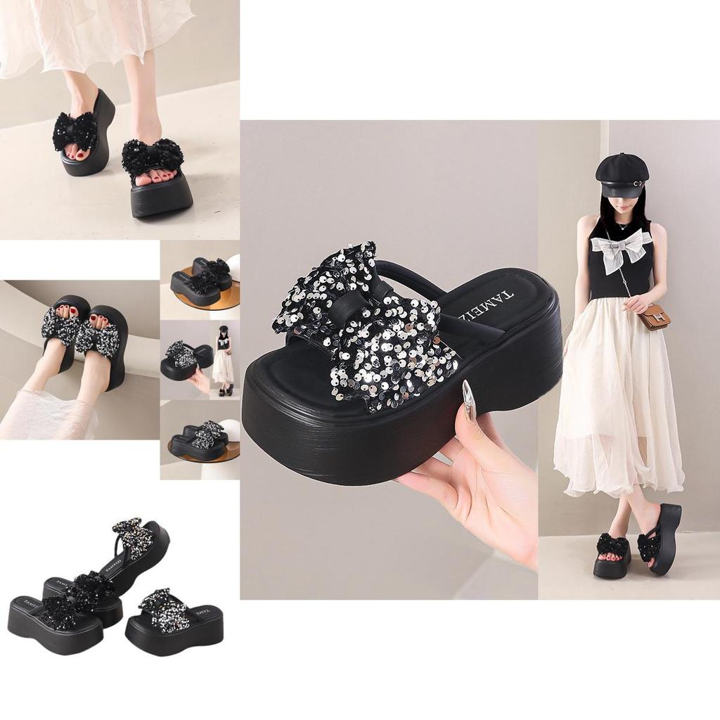 Stylish Silver And Black Women's Thick Sole Summer Slide Sandals With Shimmering Bow