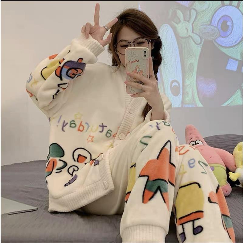Sleepwear Set Thickened Warm Cute Sweet Cardigan Home Clothes for Women