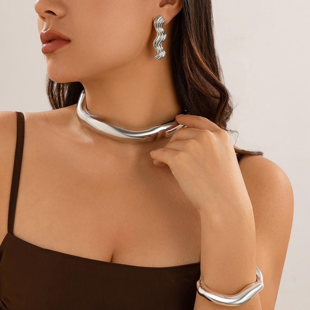 Punk Open Choker Torques Necklaces Bangles Stud Earrings Set For Women Hyperbole Geometric Gold Silver Color Metal Jewelry Set