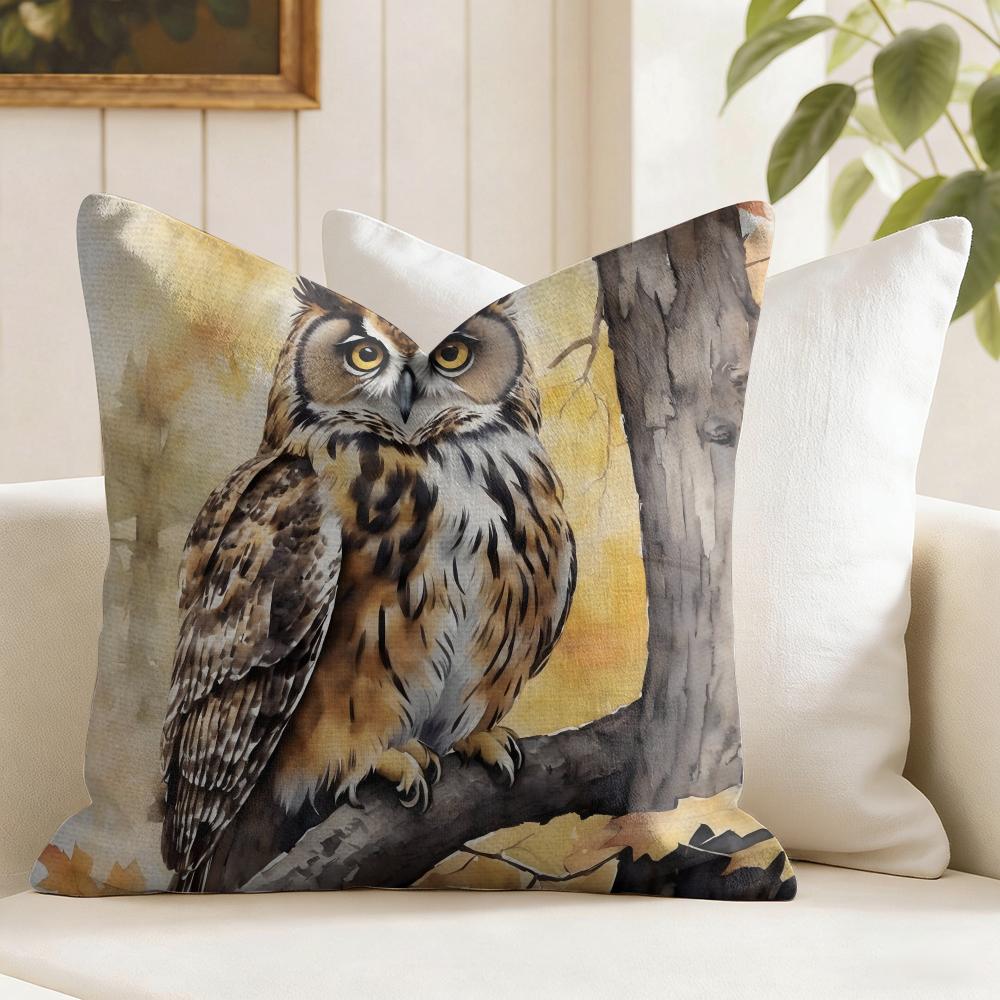 Owl Painting Cushion Cover Natural Linen Pillow Cover DoubleSided Print Cushion Cover for Sofa Home Decor