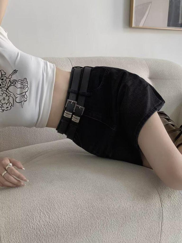 Острая девушка Юбка мини из денима с завышенной талией, ретро-разрезом и двойным ремнем - Женская летняя А-силуэта