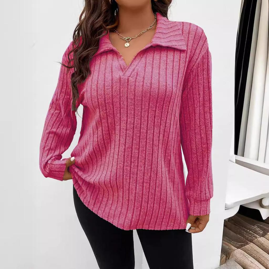 GMXIA Футболка большого размера с V-образным лацканом и длинным рукавом, однотонная, свободного покроя, с узором в полоску, осень-зима