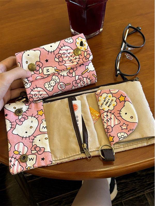 Korean-Style Hello Kitty Canvas Wallet & Key Holder: Cute Cartoon Design, Multifunctional Coin Purse & Card Holder.