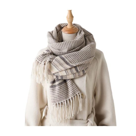 Women Scarf Striped Print Long Scarf Shawl with Tassel Trim Versatile Design Comfortable Shawl Wrap Fashion Accessories
