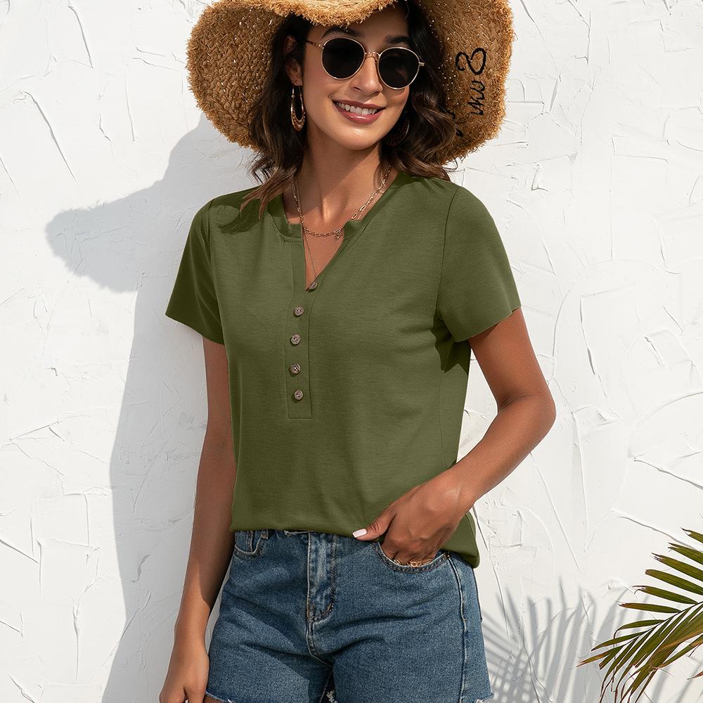 Women's Summer Loose Casual V-Neck Pullover Short Sleeve T-Shirt Solid Colour Decorative Button Knit Top