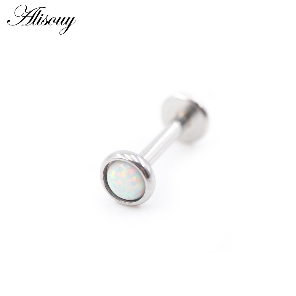 Alisouy 1PC Stainless Steel Opal Stone Labret Lip Tongue Rings Ear Tragus Helix Cartilage Stud Earrings Piercing Body Jewelry
