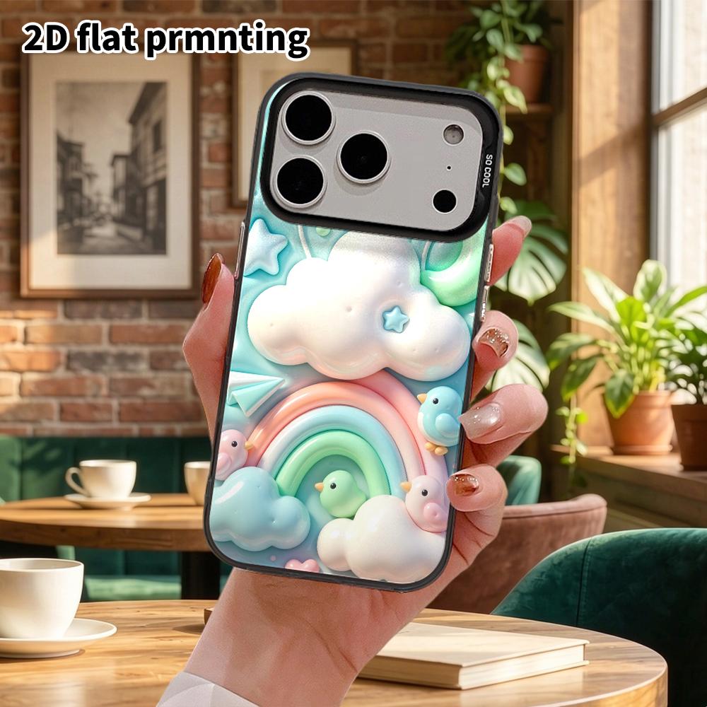 Phone case: 2D flat design, suitable for iPhone 18 17 16 15 14 13 Pro protective case, clouds and rainbow, perfect holiday gift for Christmas and Hall