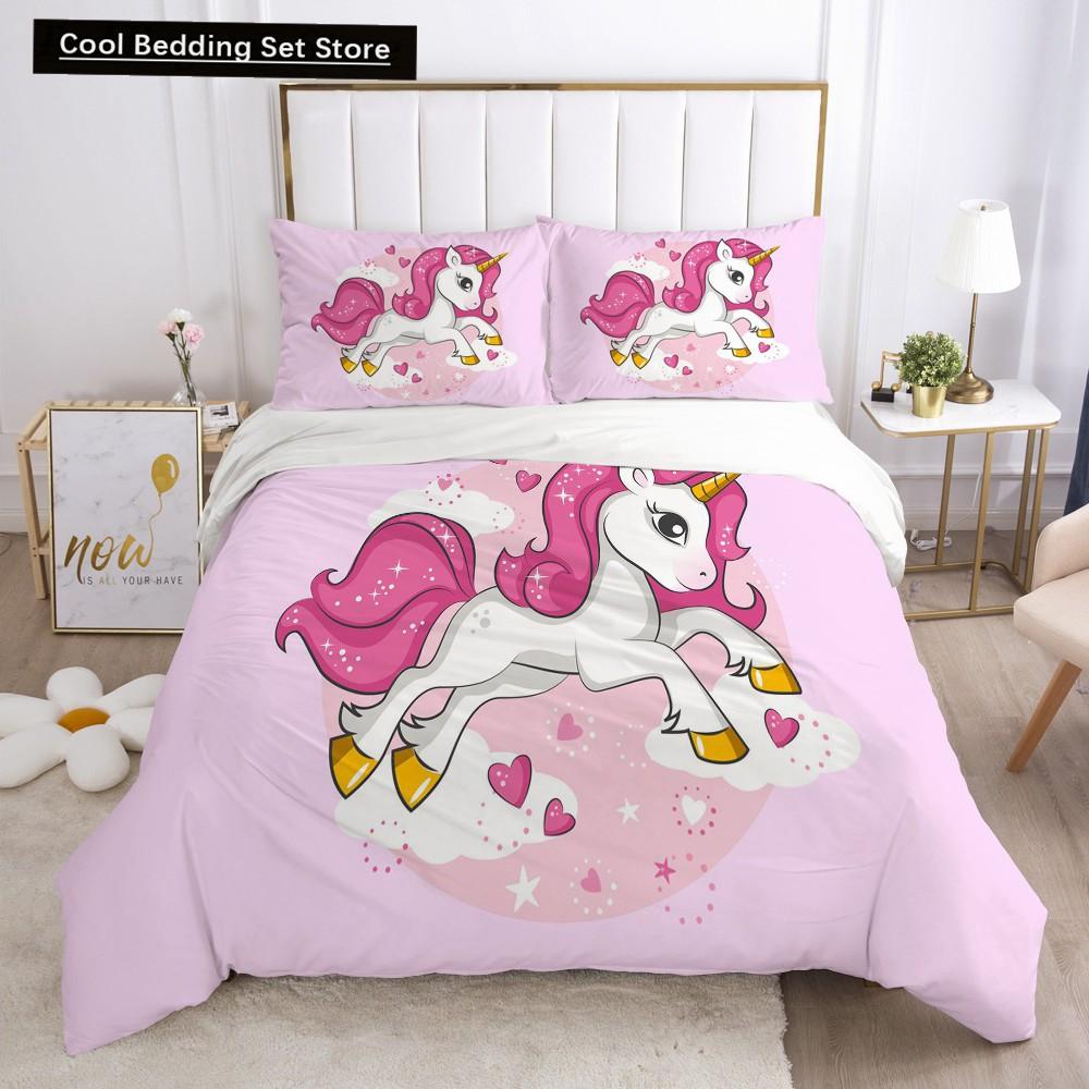 Детский детский розовый комплект постельного белья Queen King Cartoon Unicorn Белый пододеяльник Twin Полный цветной 2/3 шт полиэстеровый пододеяльник