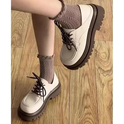 Белые женские балетки в стиле преппи на шнуровке, на толстой подошве, с круглым носком, японская система обуви, удобный резиновый верх, летняя обувь