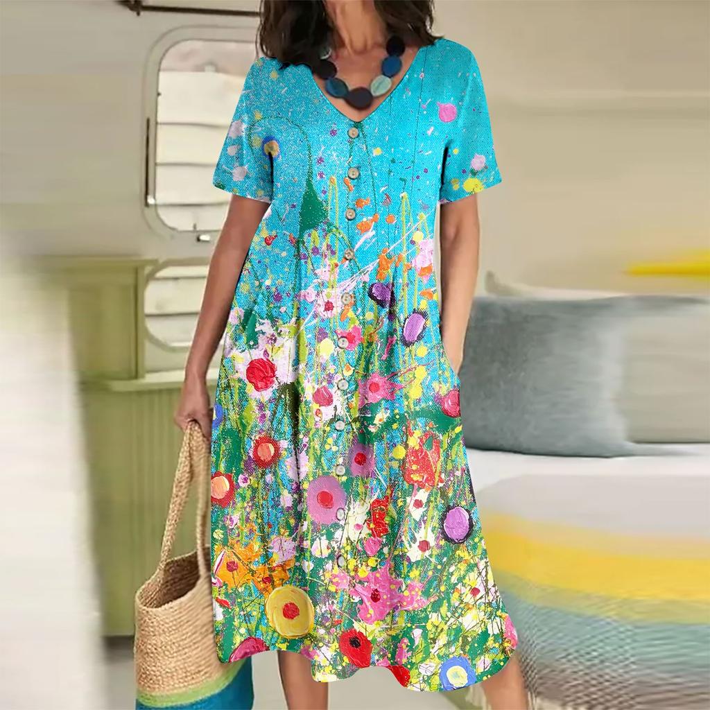 Women's Summer Casual Floral Print Button V Neck Short Sleeve Cotton Linen Dress