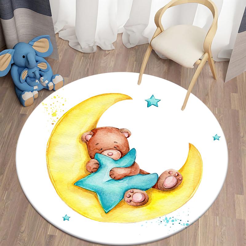 Living Room Round Carpet Floor Mat Kids Anti-Slip Mat Cartoon Bear Print Kids Carpet Kawaii Area Rug