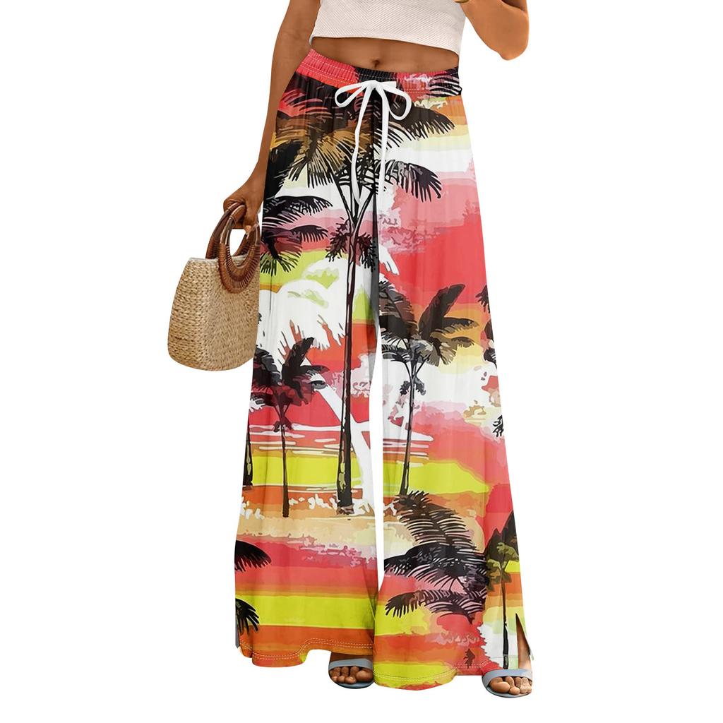 Women Summer Boho Palazzo Pants High Waist Wide Leg Rinting Casual Trousers With Pockets