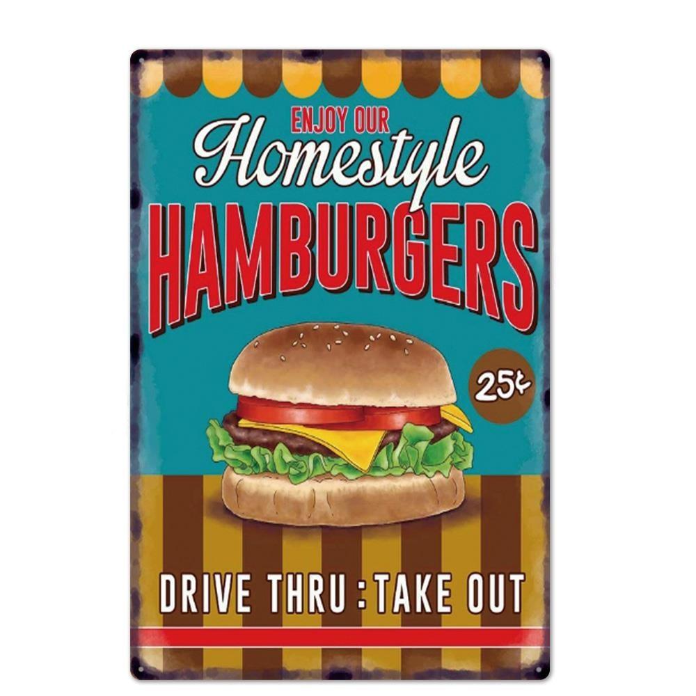 Металлическая вывеска для гамбургера, винтажная жестяная вывеска для ресторана быстрого питания, настенный декор для кухни, кафе, закусочной, бара, бургера, металлические вывески 20x30c