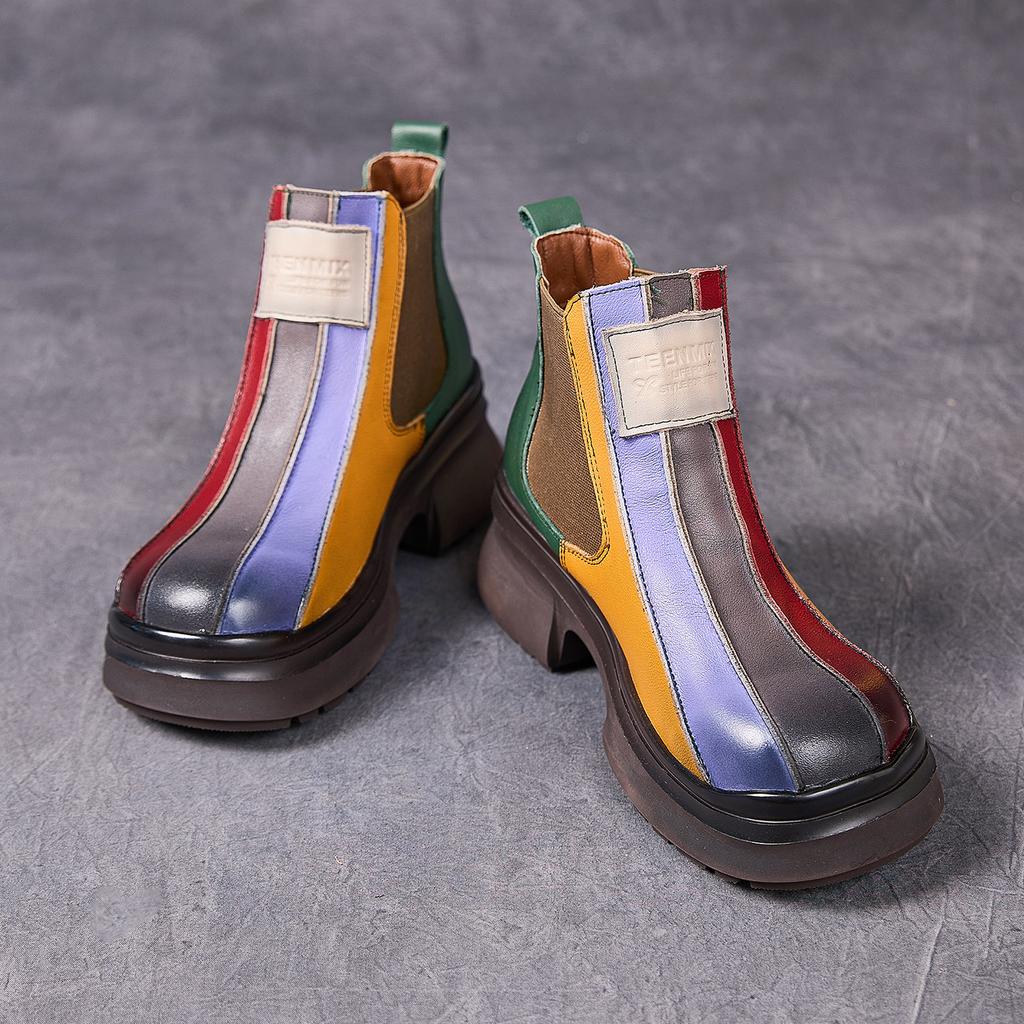 Fashion GKTINOO Autumn Winter Retro Women Genuine Leather Short Boots Square Heels Shoes Thick Sole Casual Ladies Platform Women's Boots