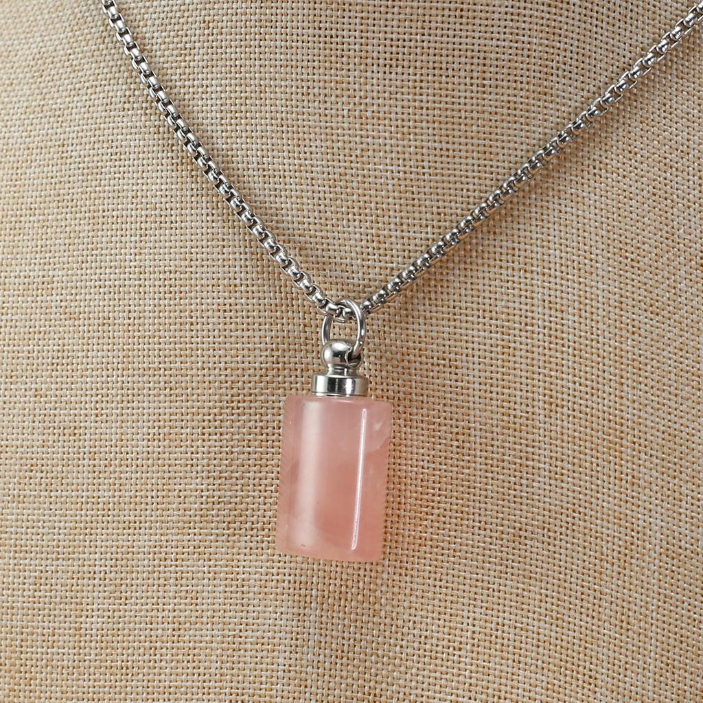 1Pc Healing Crystal Perfume Bottle Necklace Pendant Flat Cylinder Charm Silver Chain Necklaces for Women Jewellery 30x18mm