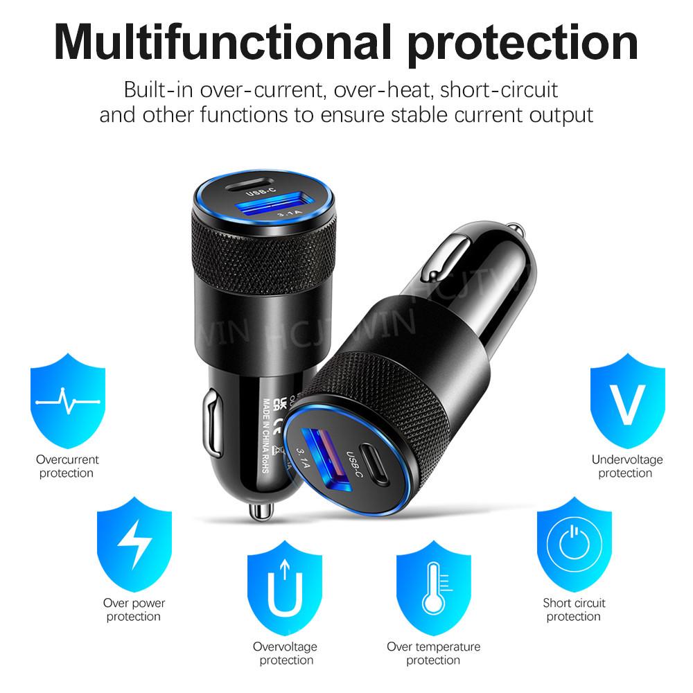 3.1A 15W Металлическое USB+PD Зарядное устройство для автомобиля из алюминиевого сплава